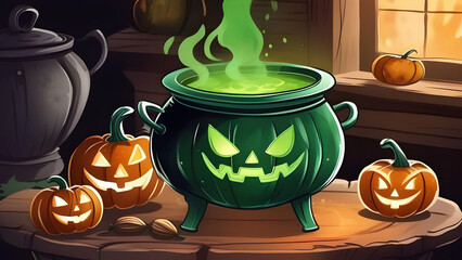 Witch's cauldron with potion. Halloween illustration. H