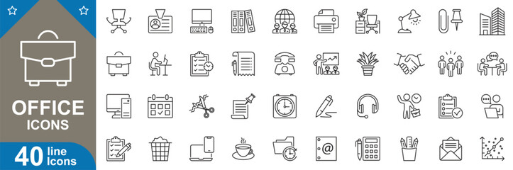 Wall Mural - office line icons set. desk, computer, calendar, printer, file, telephone, notepad, briefcase, coffe