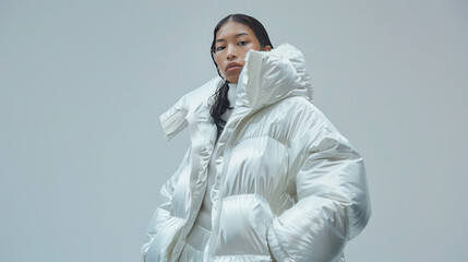 Fashionable woman in oversized white puffer jacket posing in studio, glamorous fashion shoot portrait