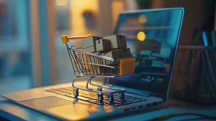 A miniature shopping cart filled with cardboard boxes sits on a laptop keyboard, representing online shopping.