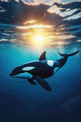 Wall Mural - Orca whale swimming ocean sunset