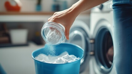 Wall Mural - A person pours laundry detergent into a blue bucket while preparing for laundry in a bright, modern laundry room