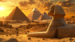 © Thiago - Fantasy view of egyptian sphinx with egyptian pyramids in background, cairo, egypt. 3d ancient egypt gods, illustration. Egyptian Pyramids. Illustration