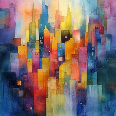 Canvas Print - Abstract Cityscape Watercolor Painting   Urban Art  Modern Architecture  Colorful Buildings  Abstract Background