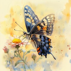 Wall Mural - Watercolor Painting of a Butterfly on a Flower