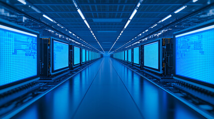 Wall Mural - Futuristic Server Room with Blue Lighted Screens - Technology Concept