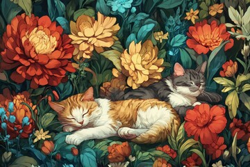 a painting of two cats sleeping in a field of flowers