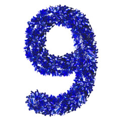 number 9 made from New Year's tinsel, isolated Christmas tinsel, tinsel garland