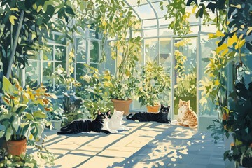 a painting of three cats sitting on a table in a greenhouse