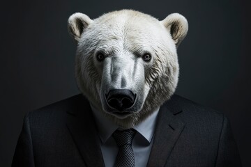 Polar bear in a suit and tie on a gray background. Polar bear like a human in suit. Portrait of a strong Polar bear in a suit on a dark background with generative ai