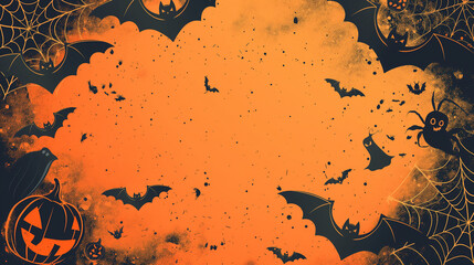 Halloween seamless border with bats, spider webs, ghosts, and pumpkins.