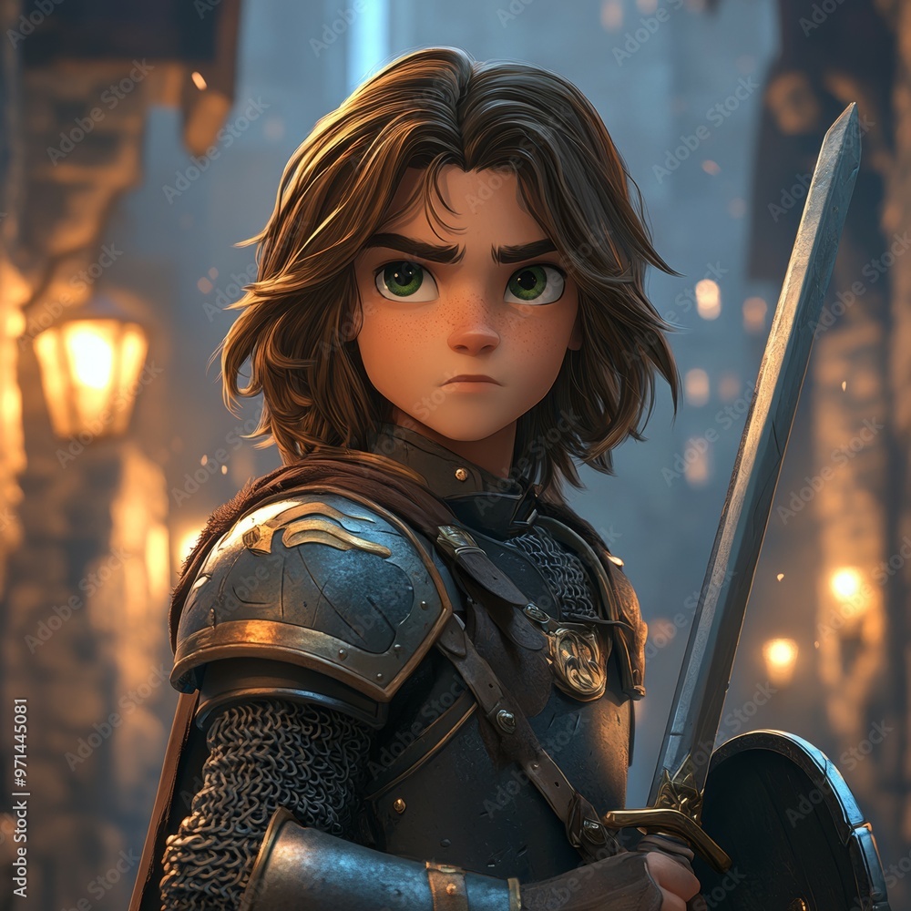 Young Knight in Armor with Sword and Shield Stock Illustration | Adobe ...