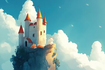 a castle sitting on top of a cliff surrounded by clouds