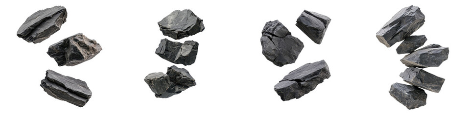 Collection of natural black stones showcasing unique textures and shapes, perfect for background or decorative purposes. transparent background