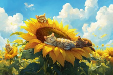 a painting of two cats laying on a sunflower