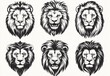 © Diavolorosso - Vector collection of black and white lion head illustrations, isolated on white background, generated AI