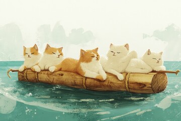 Wall Mural - a group of cats sitting on top of a piece of wood