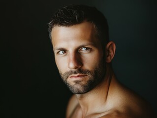 Wall Mural - Male portrait with natural light against dark background in studio setting