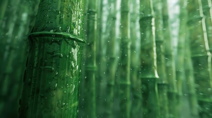 A close-up image of bamboo stalks covered in water droplets, with a blurred background of more bamboo