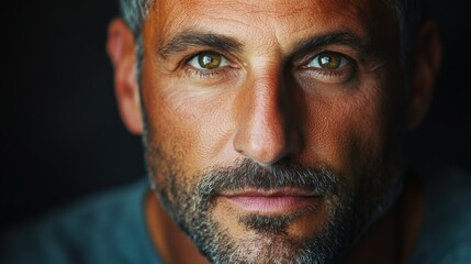 Canvas Print - Close-up portrait of a man with a beard and striking brown eyes indoors