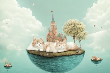 Wall Mural - a painting of two cats laying on a small island