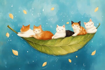 Wall Mural - a group of cats sitting on top of a leaf