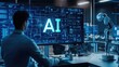 © nikomsolftwaer - A sleek tech lab with 'AI' prominently displayed on a monitor and engineers working on robotics