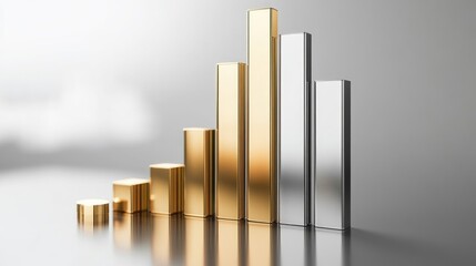 A set of metallic 3D bar graphs in gold and silver colors, standing tall on a reflective surface, representing business performance and wealth growth.