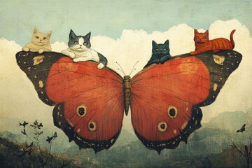 Wall Mural - a painting of cats sitting on top of a butterfly