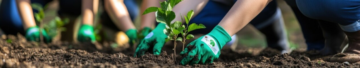 Community volunteers planting young trees in a sunny park during spring