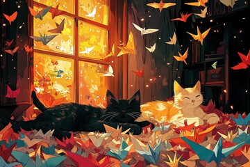 Wall Mural - a couple of cats laying on top of a bed of origami