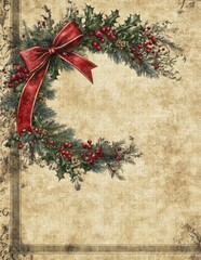 Wall Mural - Christmas wreath with red ribbon on rustic textured background, vintage holiday design.
