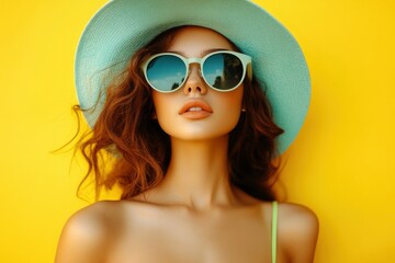 Portrait of beautiful girl in hat and sunglasses on colorful background. Fashion portrait of a beautiful young woman in sunglasses on a yellow summer background. with generative ai