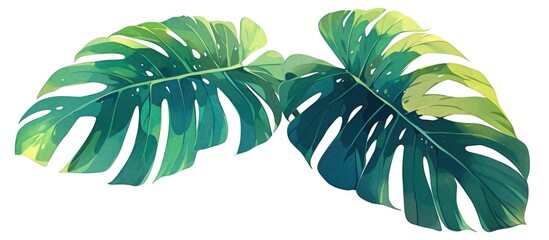 Wall Mural - Isolated painting of a green monstera leaf on a white background showcasing the beauty of this tropical plant