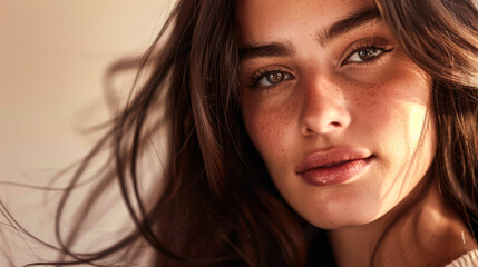 Close-up portrait of woman with brown hair and freckles