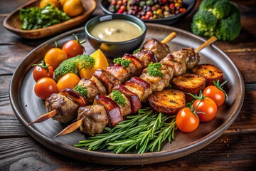 Wall Mural - Plate of grilled meat and vegetable skewers garnished with fresh herbs served with dipping sauce kissed golden vegetables and cherry tomatoes a glimpse of european dining aesthetics