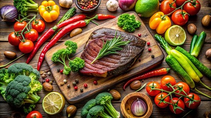 A delicious slice of meat on a wooden cutting board surrounded by tomatoes bell peppers broccoli chili peppers lemon and fresh herbs A colorful and appetizing display of fresh ingredients