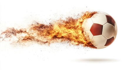 Wall Mural - soccer ball moving in fast with flame trails that show how fast the ball is crushing, isolated on white background