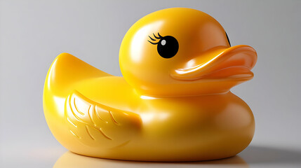 A bright yellow rubber duck with a cheerful expression, often used as a bath toy for children.