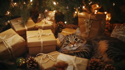 Christmas gifts wrapped in eco-friendly materials, sitting under a tree with a relaxed cat beside them, surrounded by pinecones, recycled paper, and warm lighting. Christmas, New Year