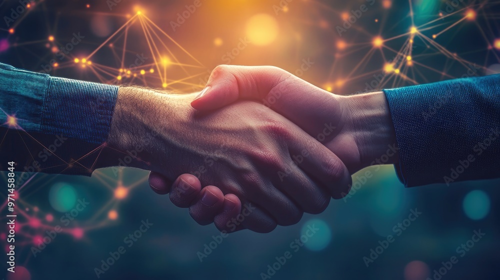 Hands shaking virtually with a serene gradation background, symbolizing ...