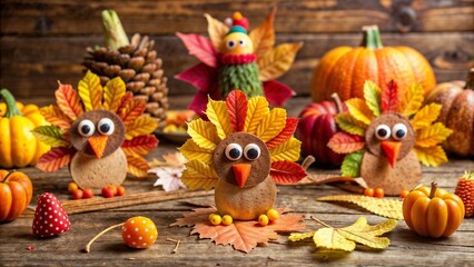 Wall Mural - Thanksgiving decoration crafts with cute turkey figures made from leaves, pumpkins and fruits on a wooden background