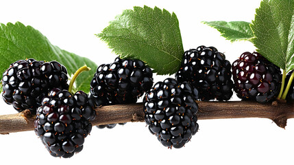 A close-up of fresh blackberries on a branch with green leaves.