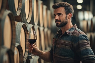 Poster - Man with wine near barrels