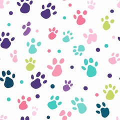 Colorful Paw Prints Seamless Pattern   White Background