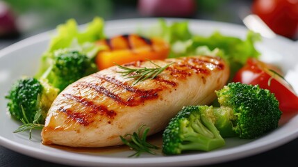 A beautifully plated dish of roast chicken breast, grilled to golden perfection, with a side of crisp salad and vibrant steamed broccoli. A healthy and nutritious meal