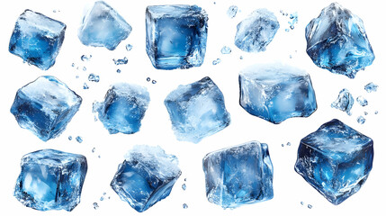 Wall Mural - A collection of blue ice cubes scattered on a white background.