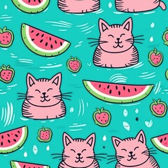 Sticker - Cute Cartoon Cats Watermelon Summer Pattern