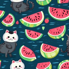 Wall Mural - Cute Cat and Watermelon Summer Seamless Pattern