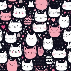 Wall Mural - Cute Cat Pattern with Hearts  Pink and White Cats  Black Background